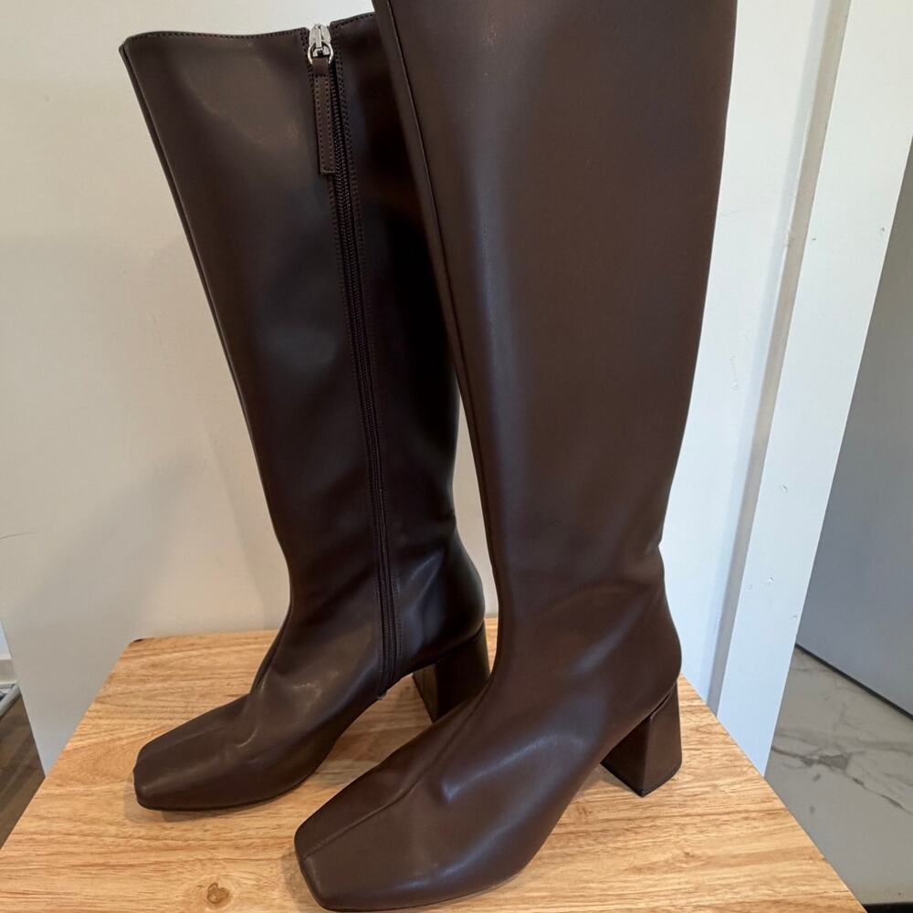 Alohas Svgean Chocolate Brown Riding Boots Block Heel Square Toe Knee High